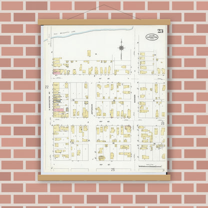 Old map wall art mockup — magnetic wood frame on brick wall — Sanborn Fire Insurance Map from Ludington, Mason County, Michigan (1910), Sheet #0023