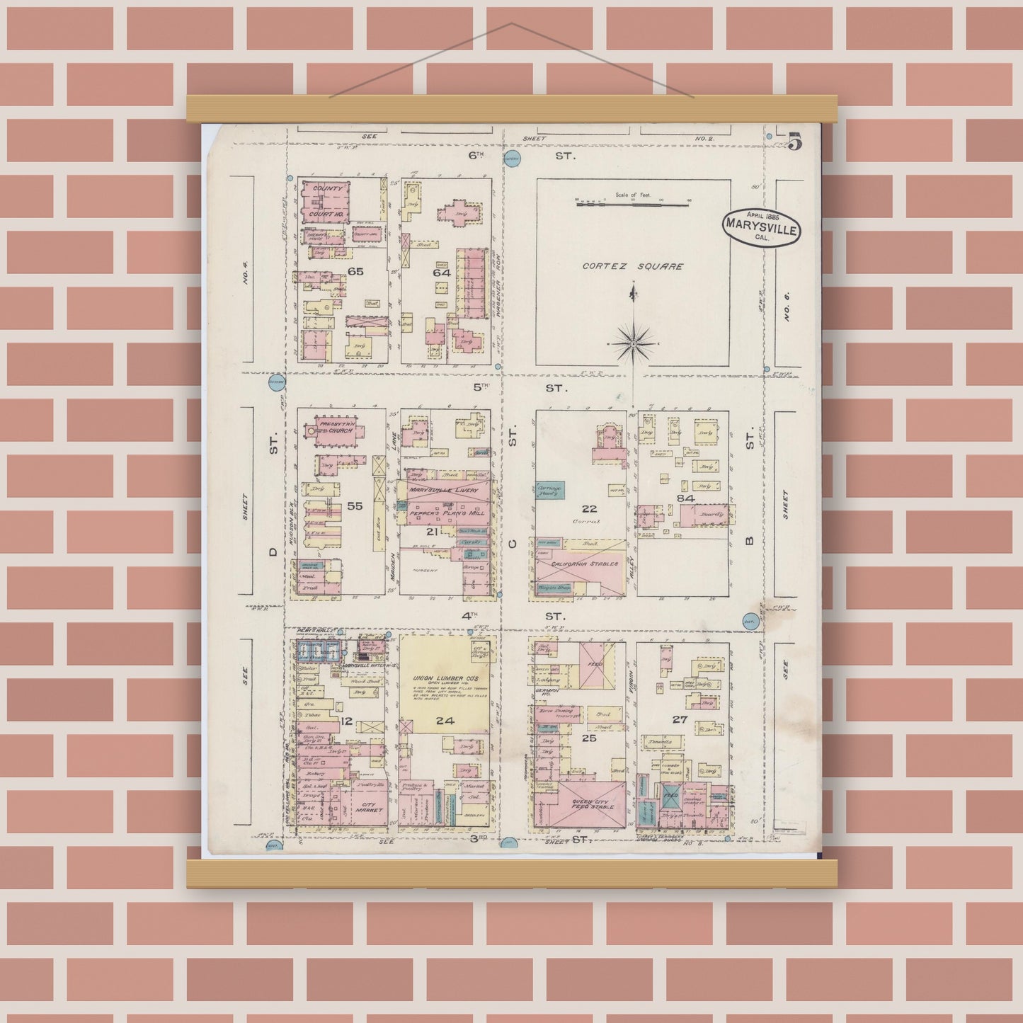 Old map wall art mockup — magnetic wood frame on brick wall — Sanborn Fire Insurance Map from Marysville, Yuba County, California (1885), Sheet #0005