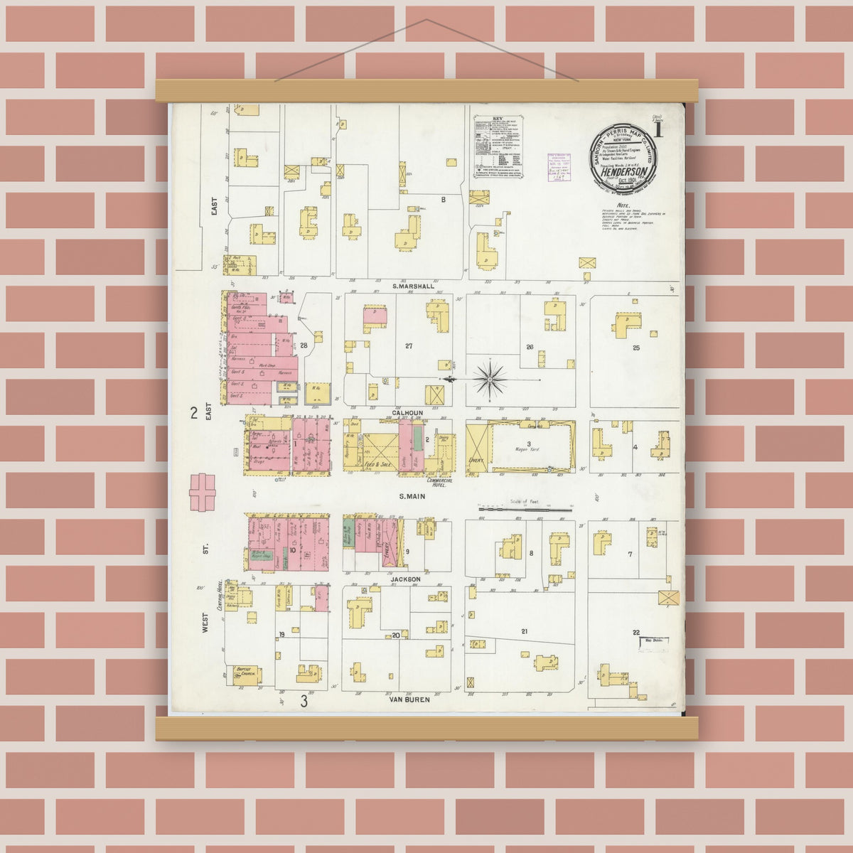 Old map wall art mockup — magnetic wood frame on brick wall — Sanborn Fire Insurance Map from Henderson, Rusk County, Texas (1901), Sheet #0001