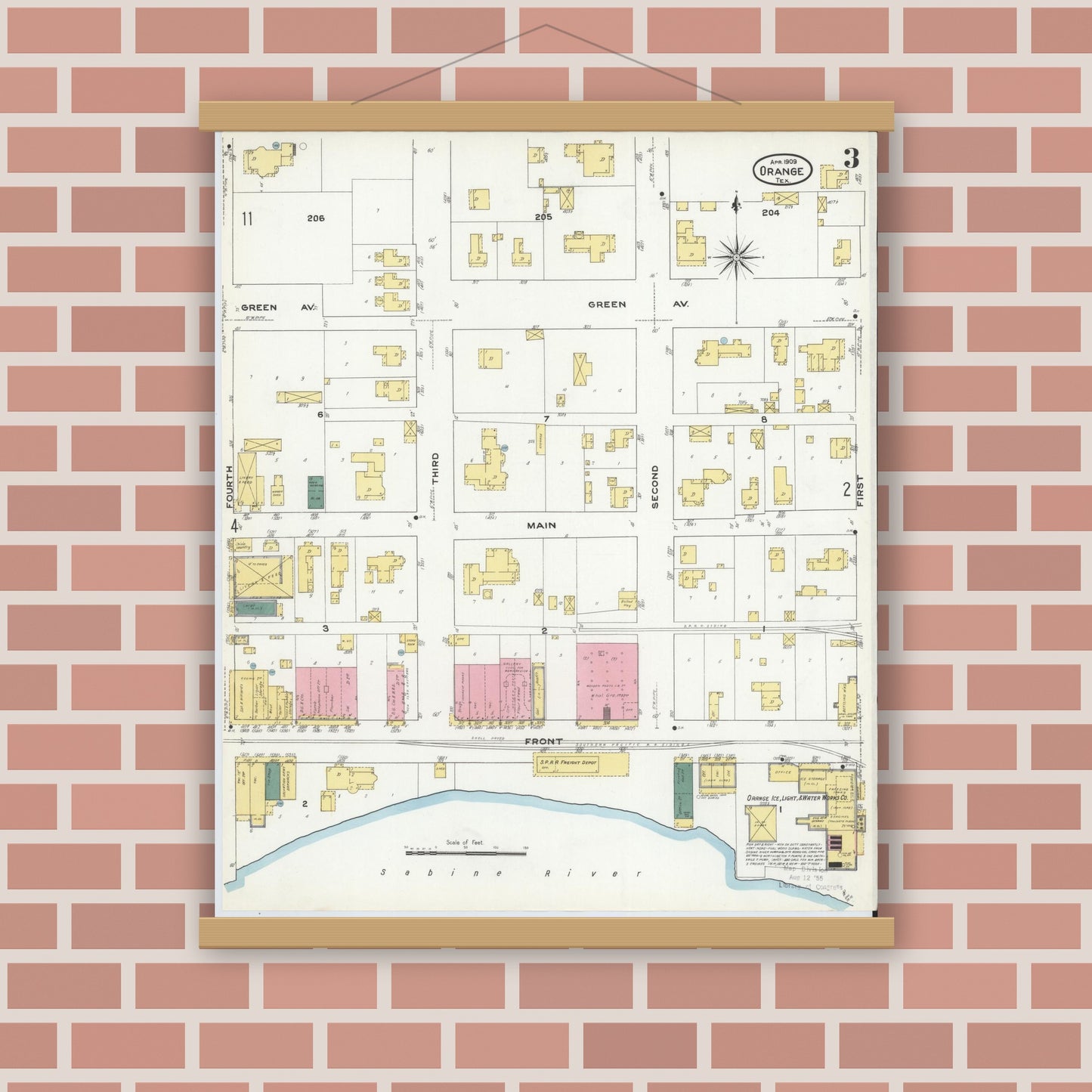 Old map wall art mockup — magnetic wood frame on brick wall — Sanborn Fire Insurance Map from Orange, Orange County, Texas (1909), Sheet #0003