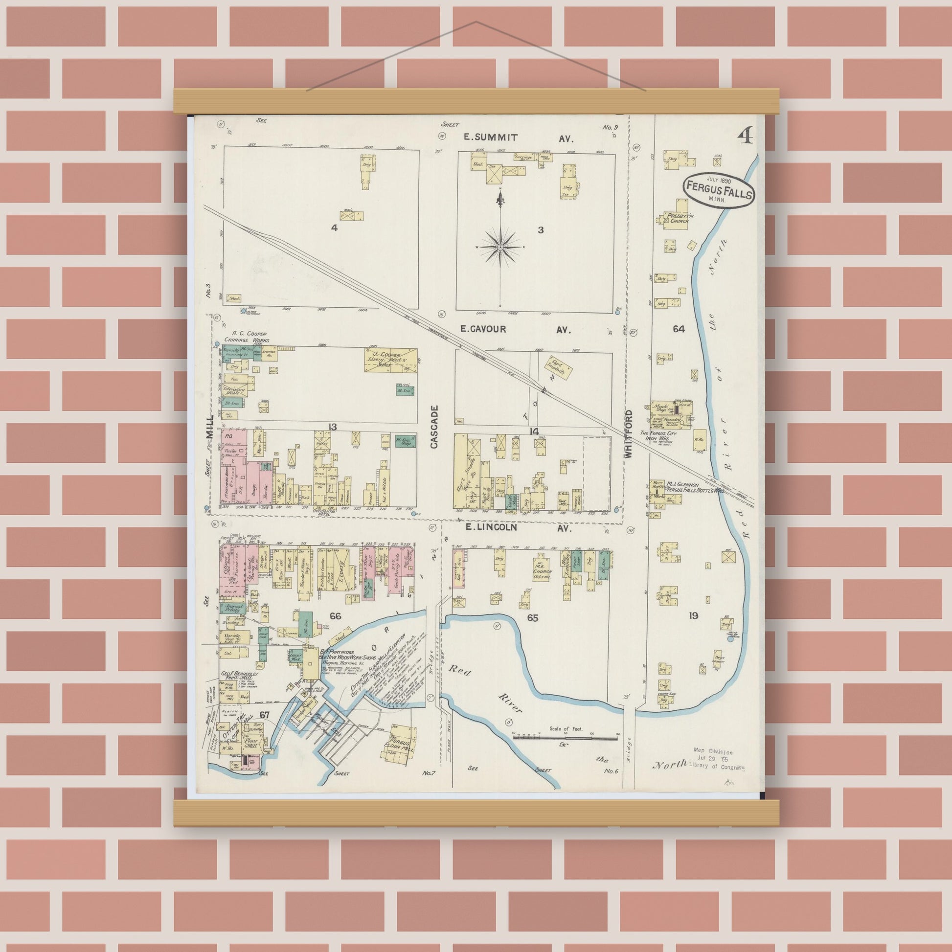 Old map wall art mockup — magnetic wood frame on brick wall — Sanborn Fire Insurance Map from Fergus Falls, Otter Tail County, Minnesota (1890), Sheet #0004