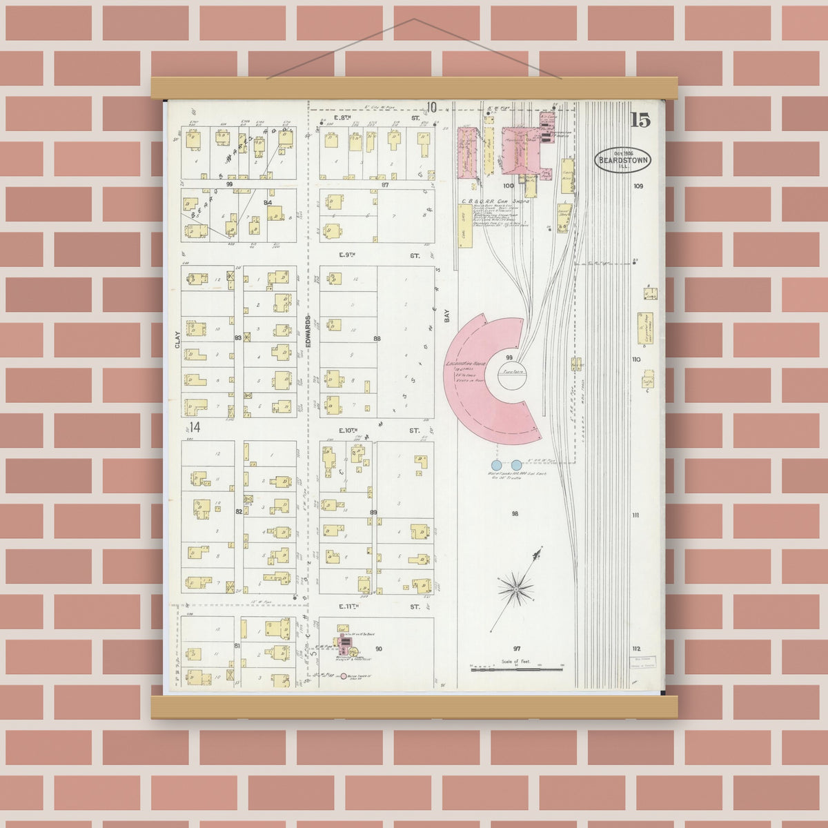 Old map wall art mockup — magnetic wood frame on brick wall — Sanborn Fire Insurance Map from Beardstown, Cass County, Illinois (1906), Sheet #0015