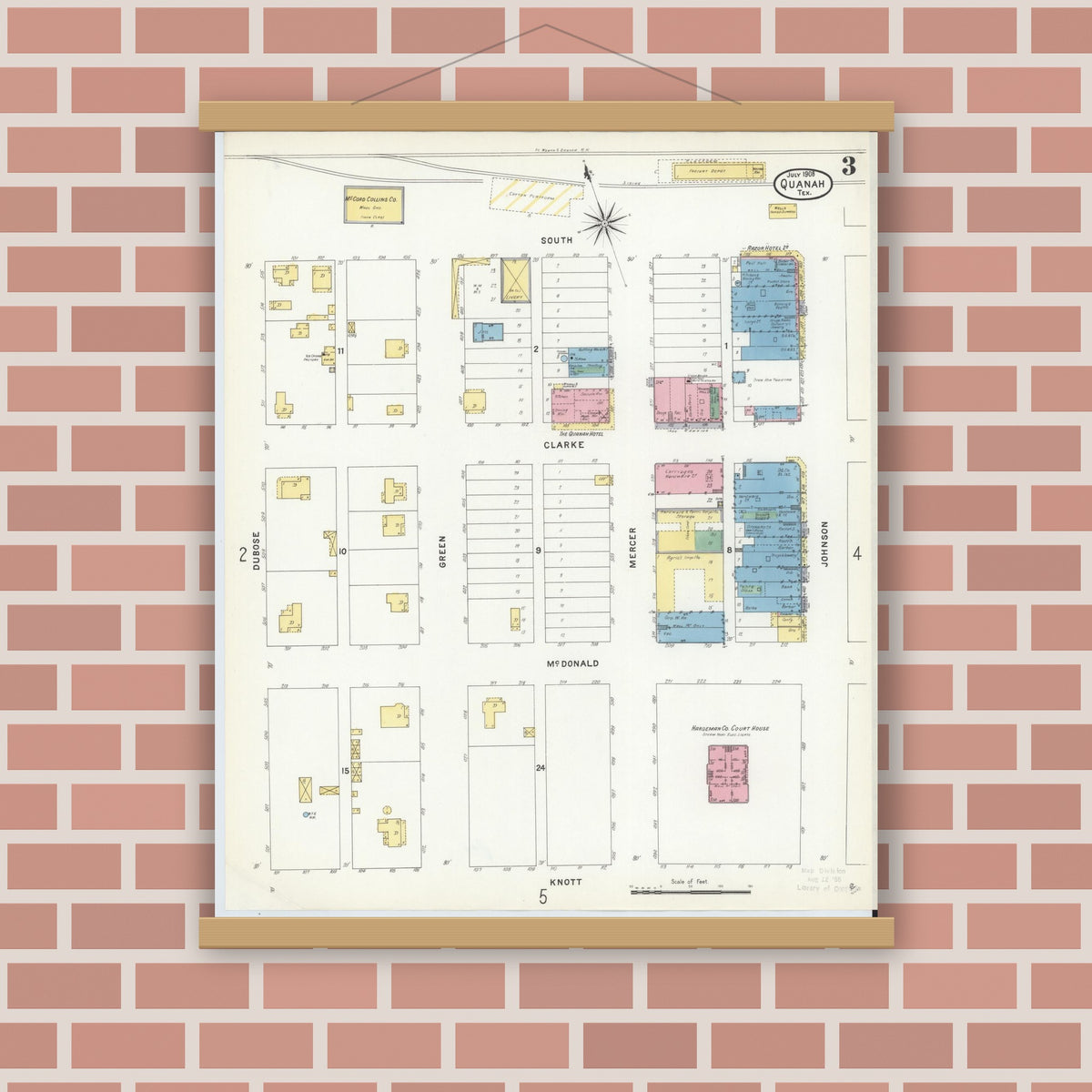 Old map wall art mockup — magnetic wood frame on brick wall — Sanborn Fire Insurance Map from Quanah, Hardeman County, Texas (1908), Sheet #0003