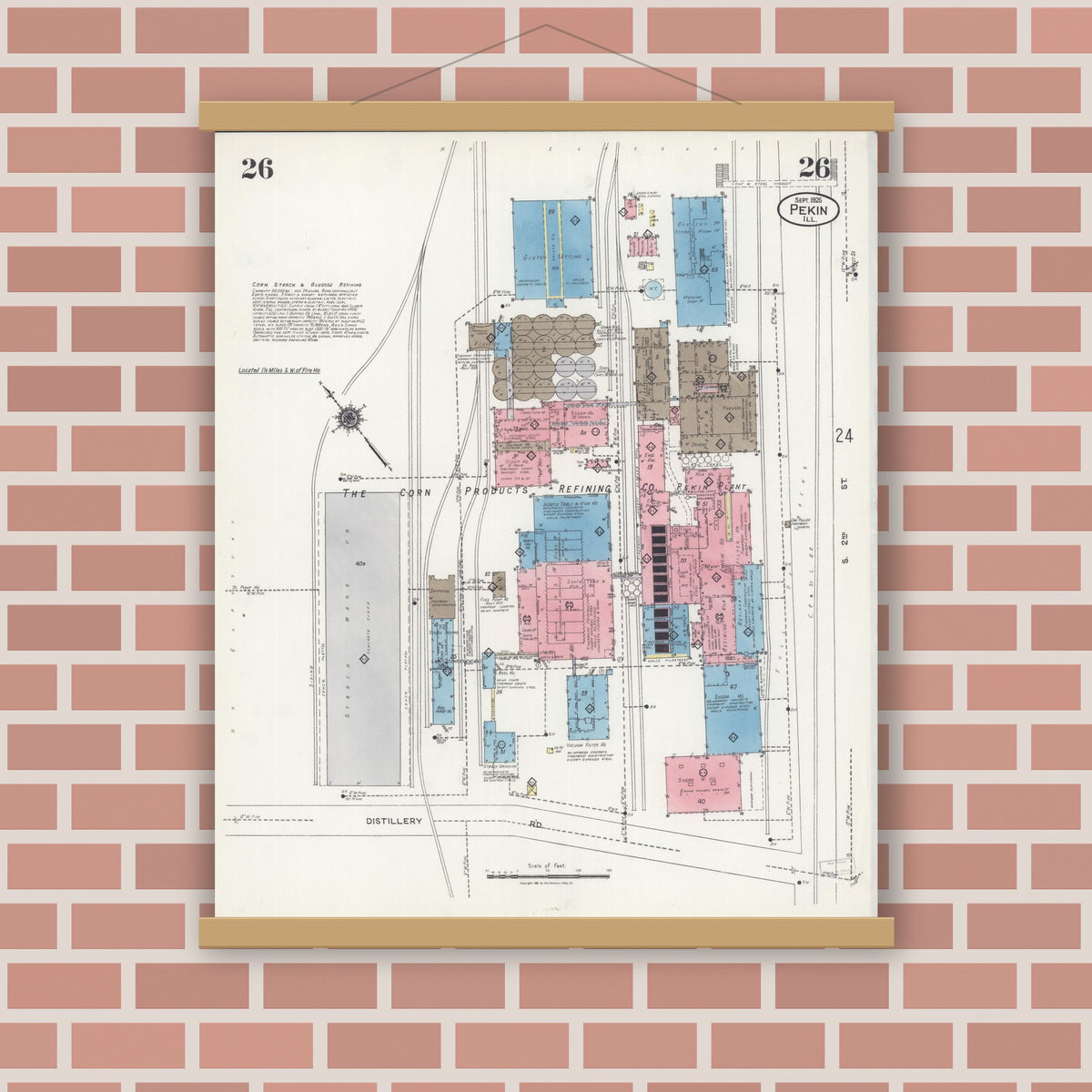 Old map wall art mockup — magnetic wood frame on brick wall — Sanborn Fire Insurance Map from Pekin, Tazewell County, Illinois (1925), Sheet #0026