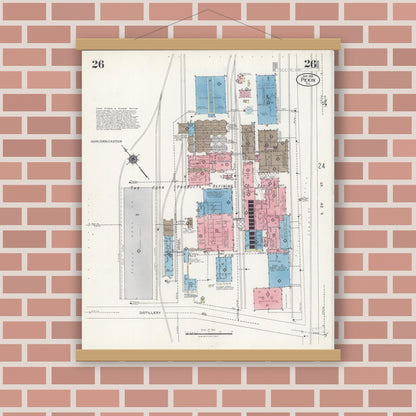 Old map wall art mockup — magnetic wood frame on brick wall — Sanborn Fire Insurance Map from Pekin, Tazewell County, Illinois (1925), Sheet #0026
