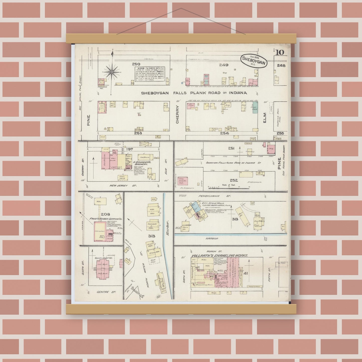 Old map wall art mockup — magnetic wood frame on brick wall — Sanborn Fire Insurance Map from Sheboygan, Sheboygan County, Wisconsin (1884), Sheet #0010