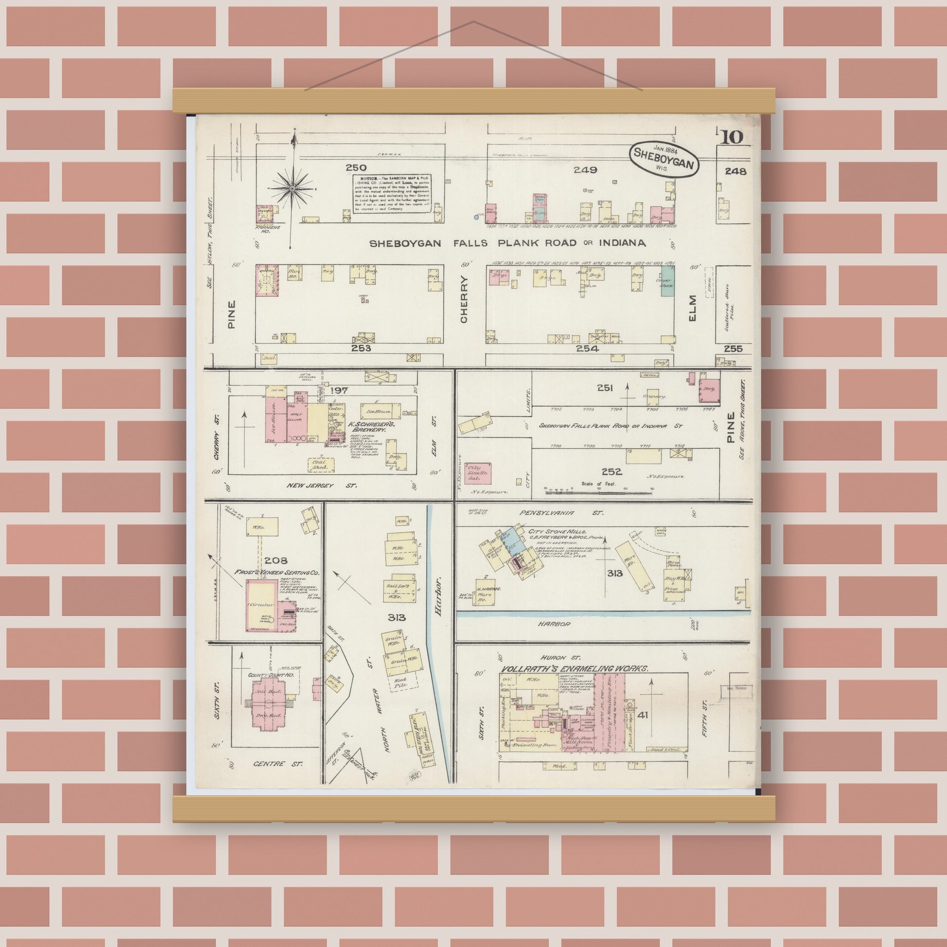 Old map wall art mockup — magnetic wood frame on brick wall — Sanborn Fire Insurance Map from Sheboygan, Sheboygan County, Wisconsin (1884), Sheet #0010