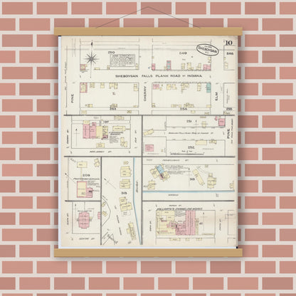 Old map wall art mockup — magnetic wood frame on brick wall — Sanborn Fire Insurance Map from Sheboygan, Sheboygan County, Wisconsin (1884), Sheet #0010