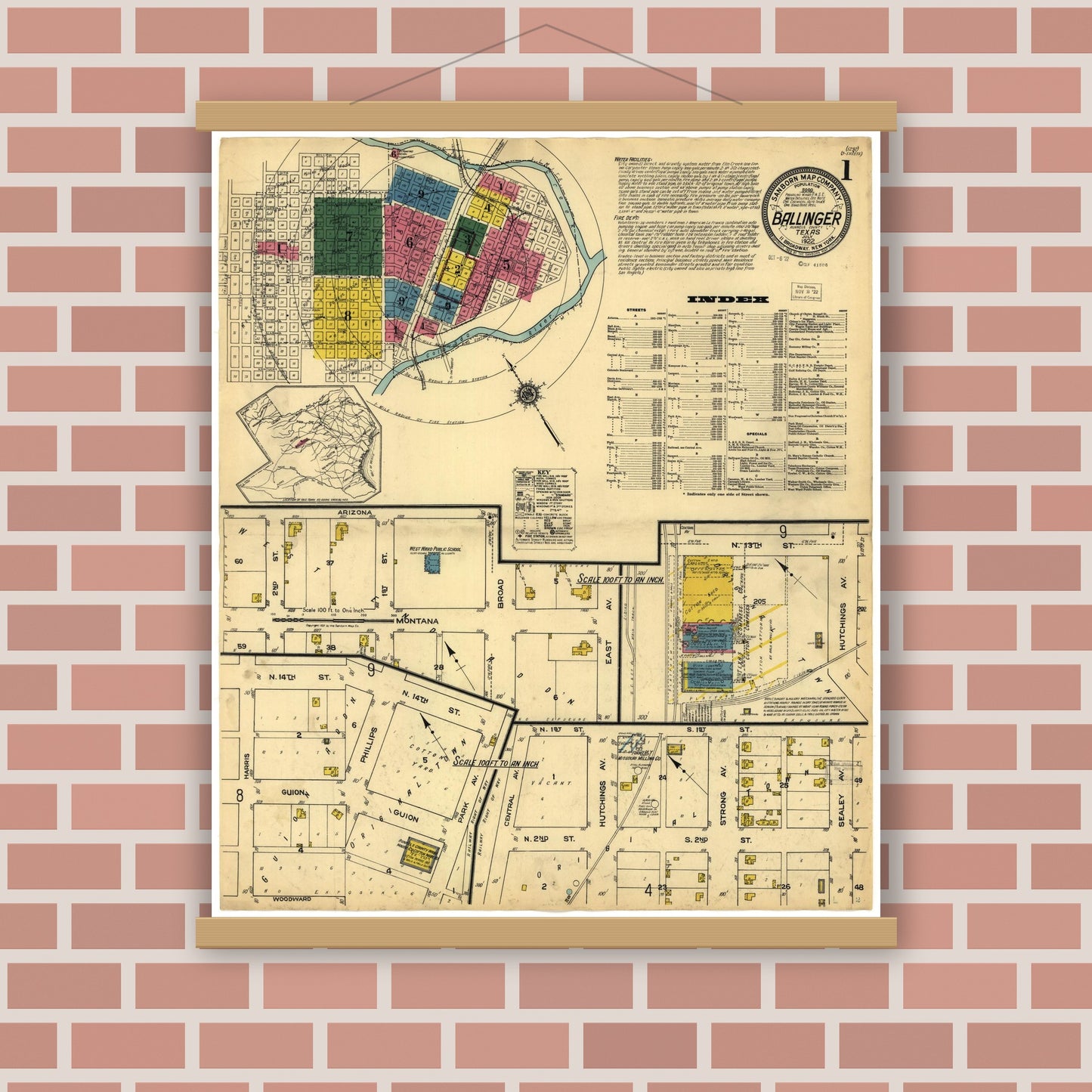 Old map wall art mockup — magnetic wood frame on brick wall — Sanborn Fire Insurance Map from Ballinger, Runnels County, Texas (1922), Sheet #0001