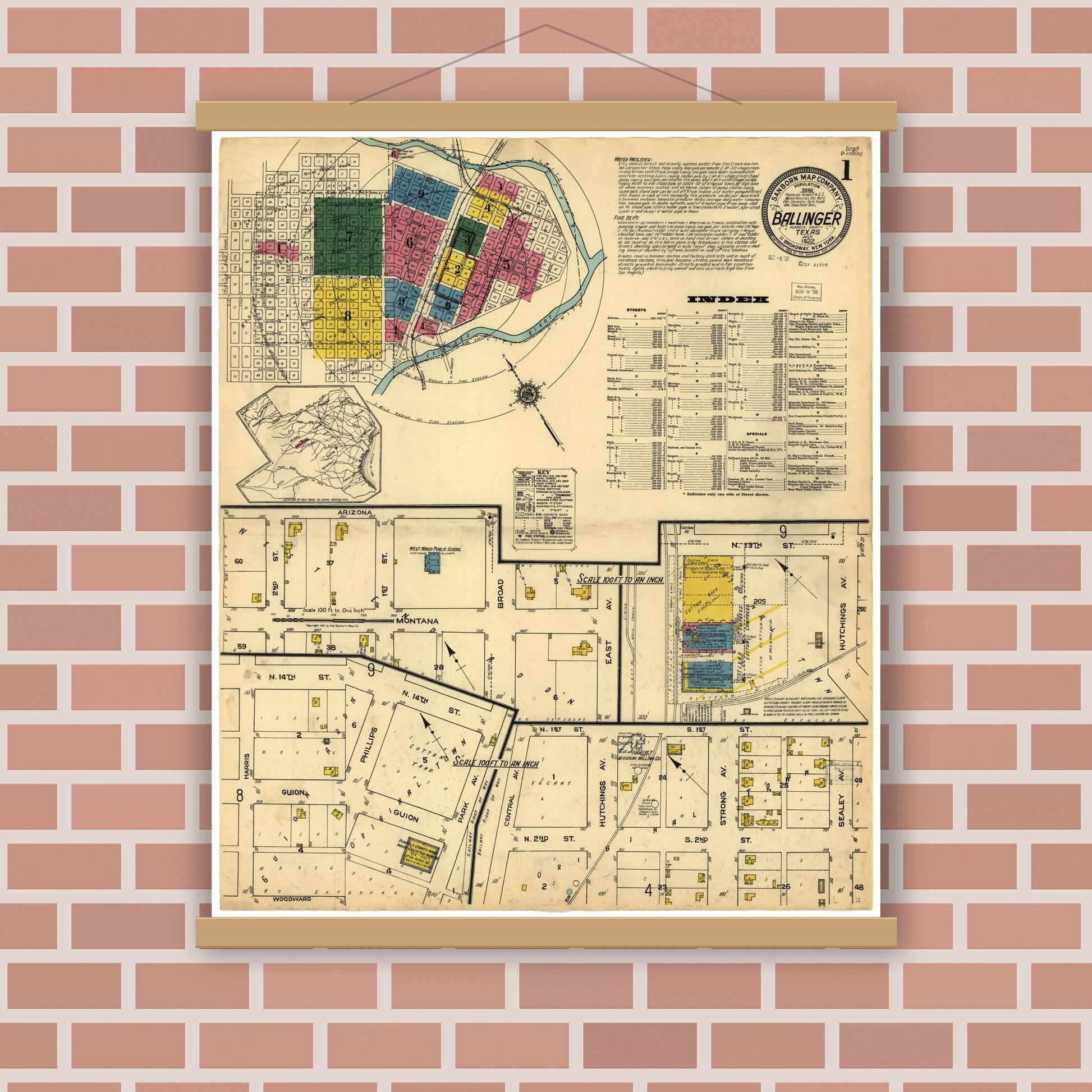Old map wall art mockup — magnetic wood frame on brick wall — Sanborn Fire Insurance Map from Ballinger, Runnels County, Texas (1922), Sheet #0001