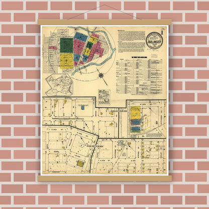 Old map wall art mockup — magnetic wood frame on brick wall — Sanborn Fire Insurance Map from Ballinger, Runnels County, Texas (1922), Sheet #0001