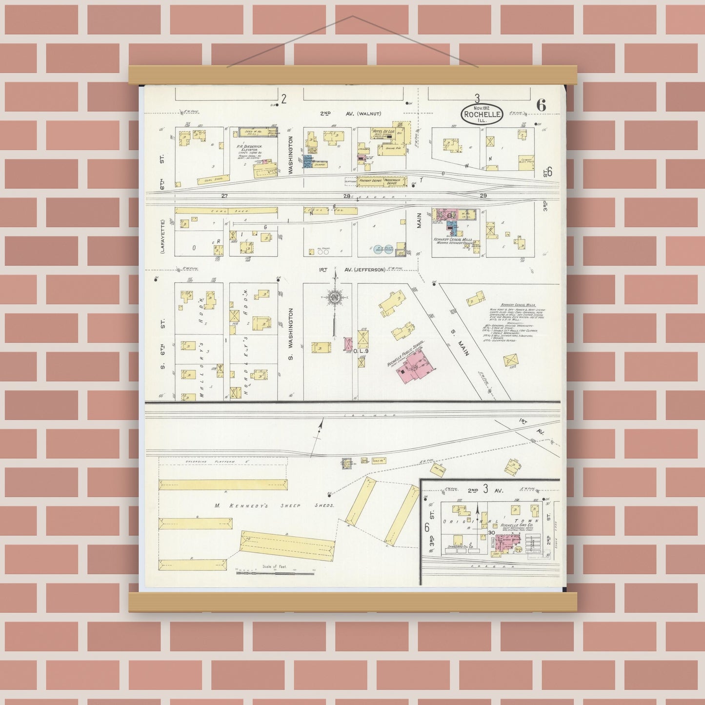 Old map wall art mockup — magnetic wood frame on brick wall — Sanborn Fire Insurance Map from Rochelle, Ogle County, Illinois (1912), Sheet #0006
