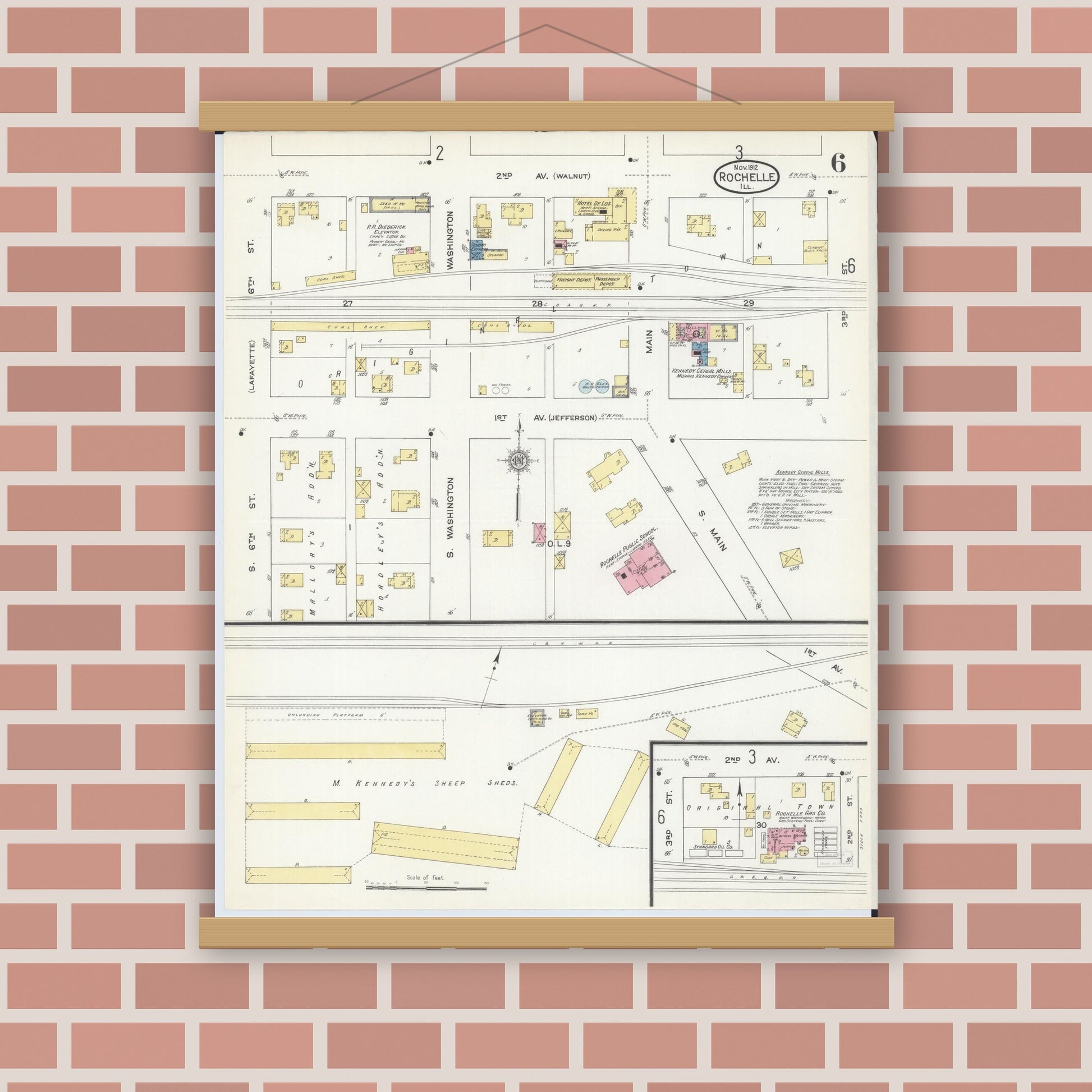 Old map wall art mockup — magnetic wood frame on brick wall — Sanborn Fire Insurance Map from Rochelle, Ogle County, Illinois (1912), Sheet #0006