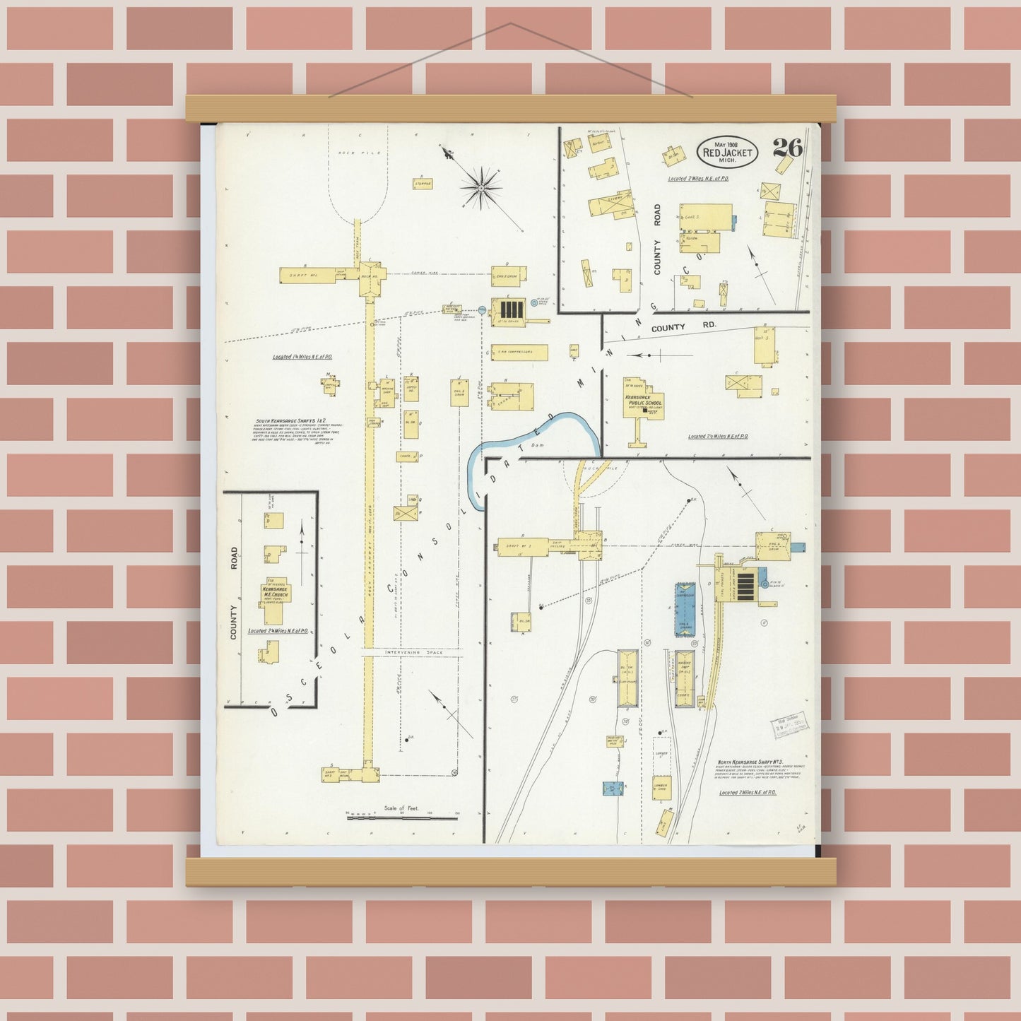 Old map wall art mockup — magnetic wood frame on brick wall — Sanborn Fire Insurance Map from Red Jacket, Houghton County, Michigan (1908), Sheet #0026