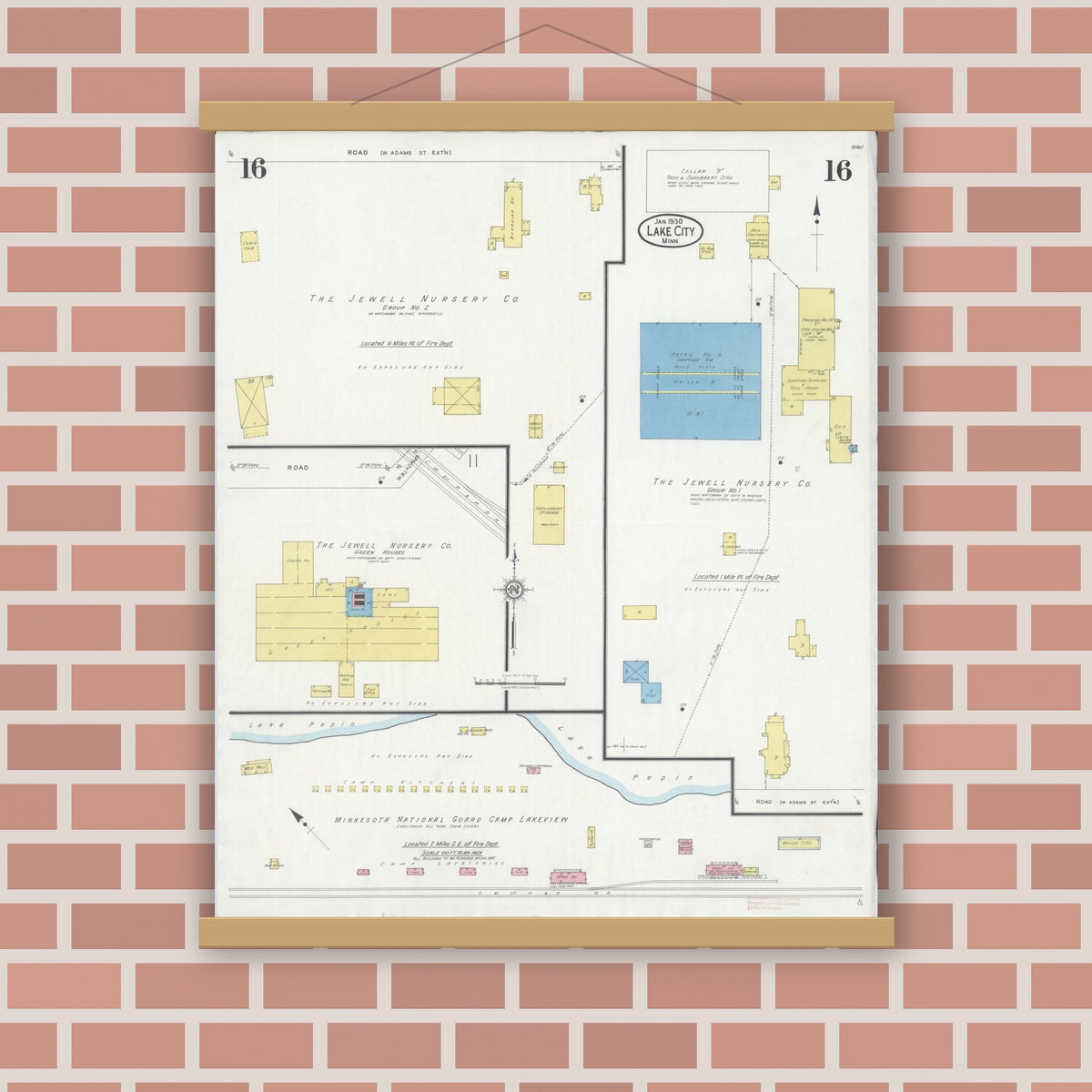 Old map wall art mockup — magnetic wood frame on brick wall — Sanborn Fire Insurance Map from Lake City, Wabasha County, Minnesota (1930), Sheet #0016