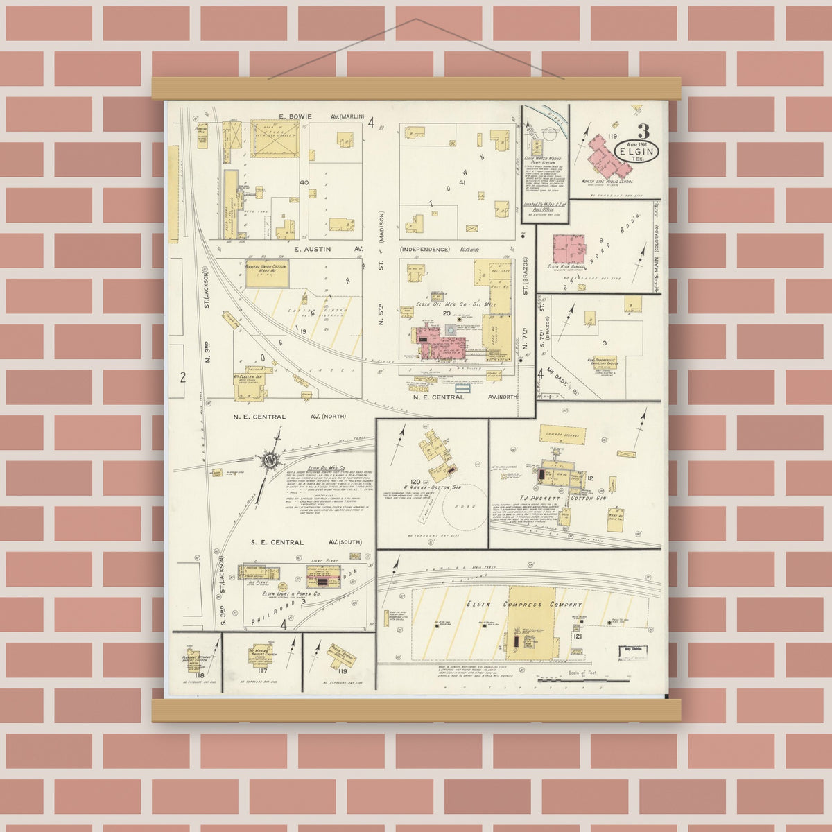 Old map wall art mockup — magnetic wood frame on brick wall — Sanborn Fire Insurance Map from Elgin, Bastrop County, Texas (1916), Sheet #0003
