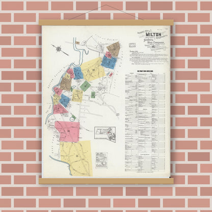 Old map wall art mockup — magnetic wood frame on brick wall — Sanborn Fire Insurance Map from Milton, Norfolk County, Massachusetts (1917), Sheet #0001