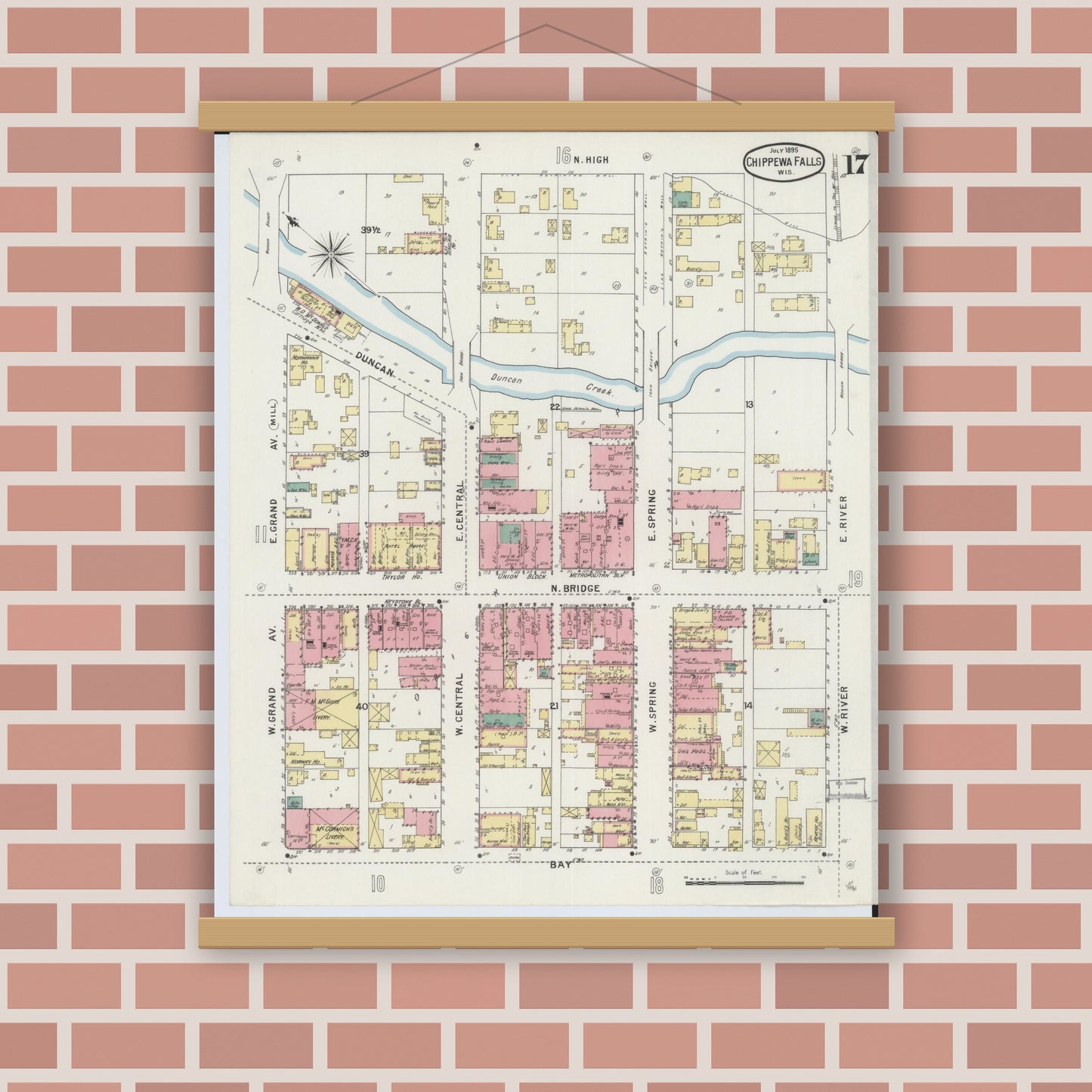 Old map wall art mockup — magnetic wood frame on brick wall — Sanborn Fire Insurance Map from Chippewa Falls, Chippewa County, Wisconsin (1895), Sheet #0017
