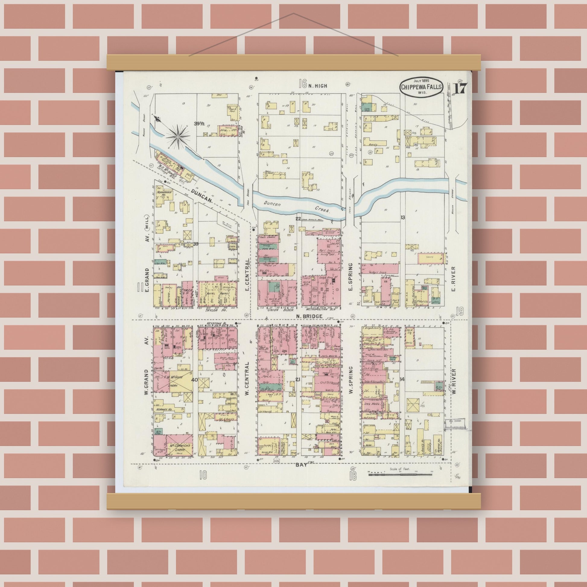Old map wall art mockup — magnetic wood frame on brick wall — Sanborn Fire Insurance Map from Chippewa Falls, Chippewa County, Wisconsin (1895), Sheet #0017