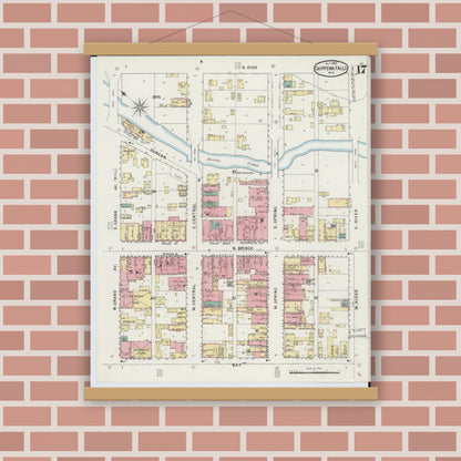 Old map wall art mockup — magnetic wood frame on brick wall — Sanborn Fire Insurance Map from Chippewa Falls, Chippewa County, Wisconsin (1895), Sheet #0017