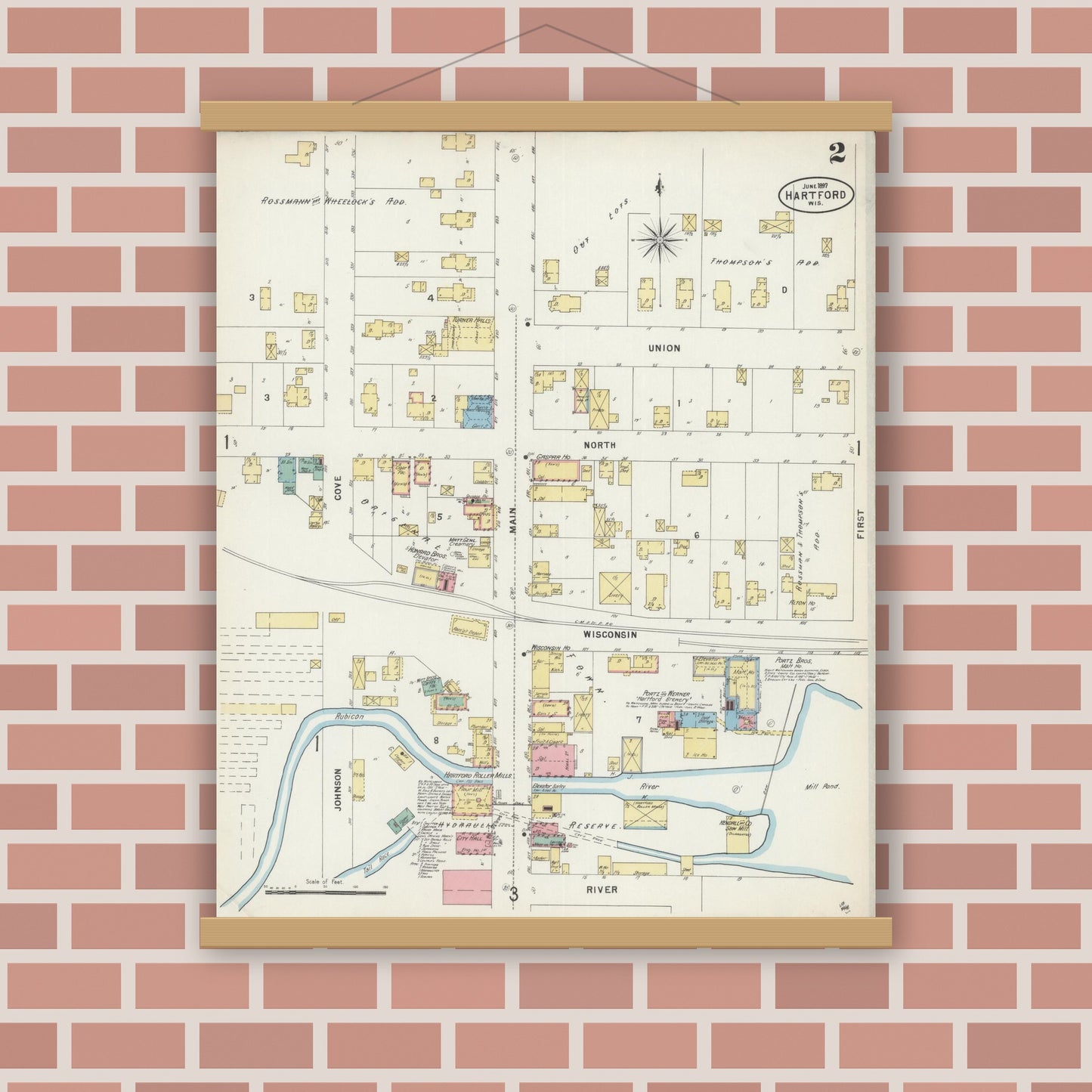 Old map wall art mockup — magnetic wood frame on brick wall — Sanborn Fire Insurance Map from Hartford, Washington County, Wisconsin (1897), Sheet #0002