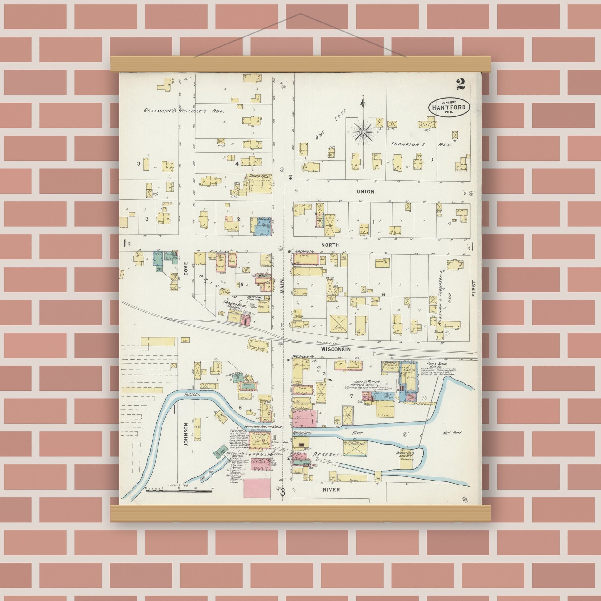 Old map wall art mockup — magnetic wood frame on brick wall — Sanborn Fire Insurance Map from Hartford, Washington County, Wisconsin (1897), Sheet #0002
