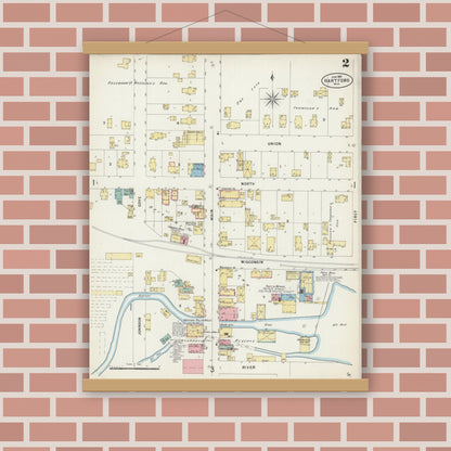 Old map wall art mockup — magnetic wood frame on brick wall — Sanborn Fire Insurance Map from Hartford, Washington County, Wisconsin (1897), Sheet #0002