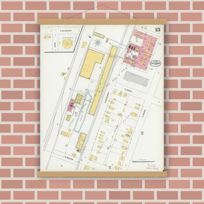 Old map wall art mockup — magnetic wood frame on brick wall — Sanborn Fire Insurance Map from Sherman, Grayson County, Texas (1902), Sheet #0013