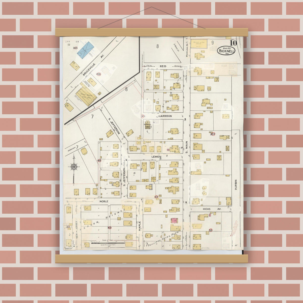 Old map wall art mockup — magnetic wood frame on brick wall — Sanborn Fire Insurance Map from Bicknell, Knox County, Indiana (1946), Sheet #0010