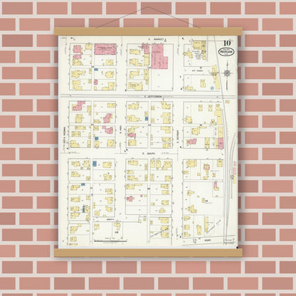 Old map wall art mockup — magnetic wood frame on brick wall — Sanborn Fire Insurance Map from Warsaw, Kosciusko County, Indiana (1917), Sheet #0010