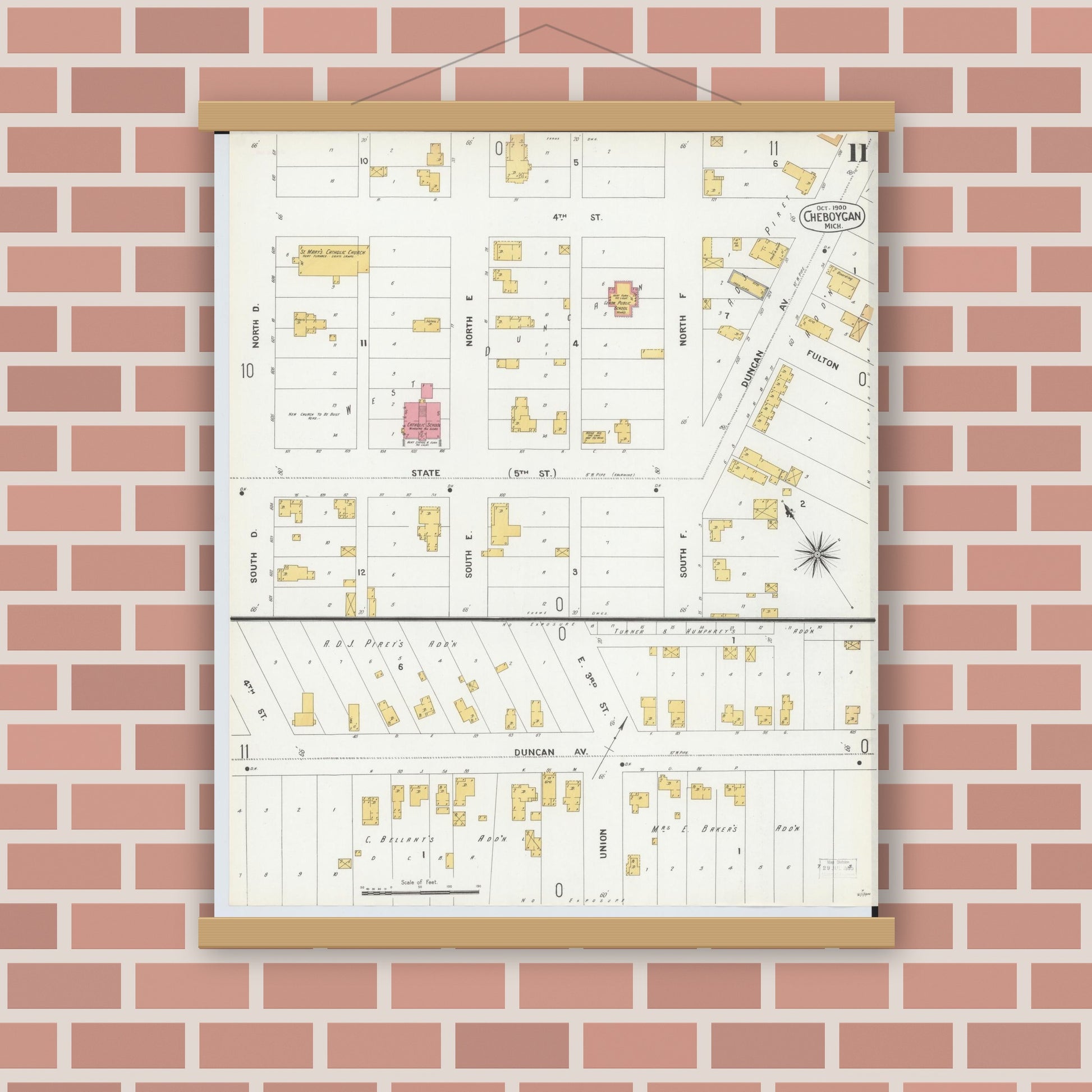 Old map wall art mockup — magnetic wood frame on brick wall — Sanborn Fire Insurance Map from Cheboygan, Cheboygan County, Michigan (1900), Sheet #0011