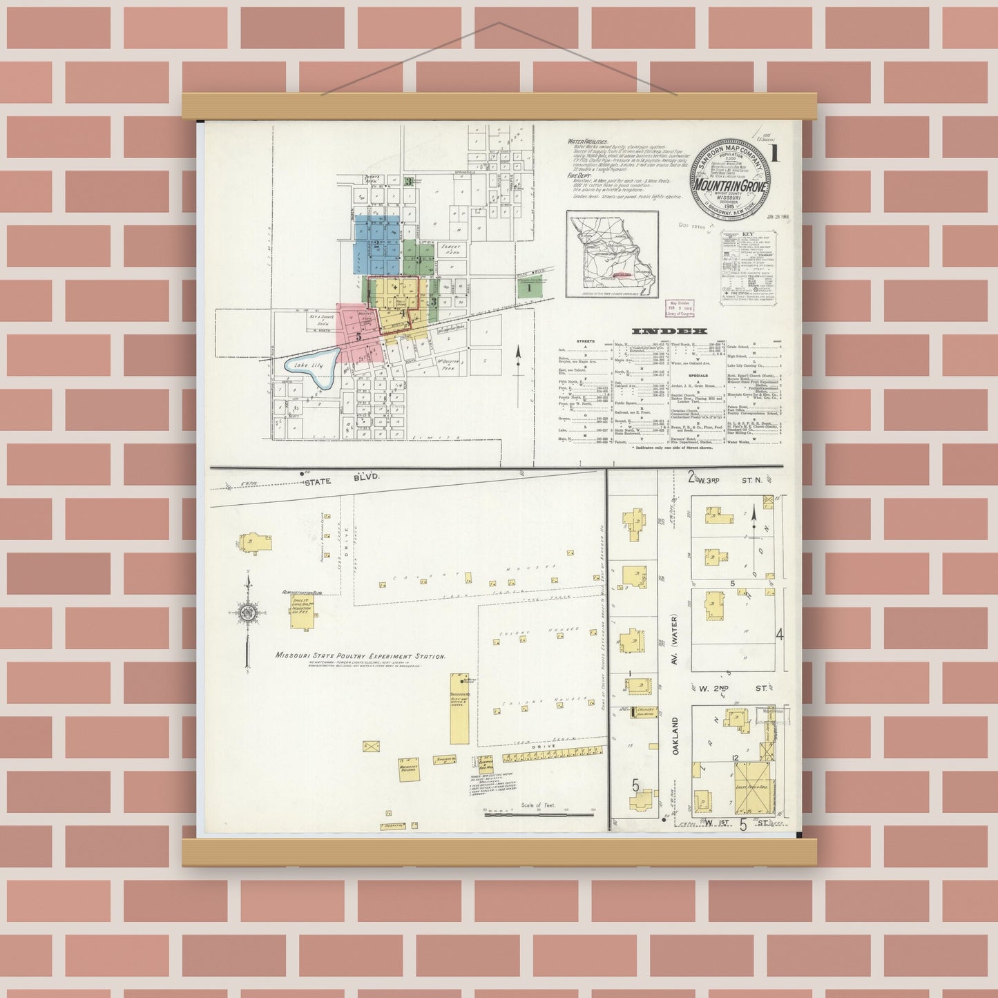 Old map wall art mockup — magnetic wood frame on brick wall — Sanborn Fire Insurance Map from Mountain Grove, Wright County, Missouri (1915) - Complete Map Set