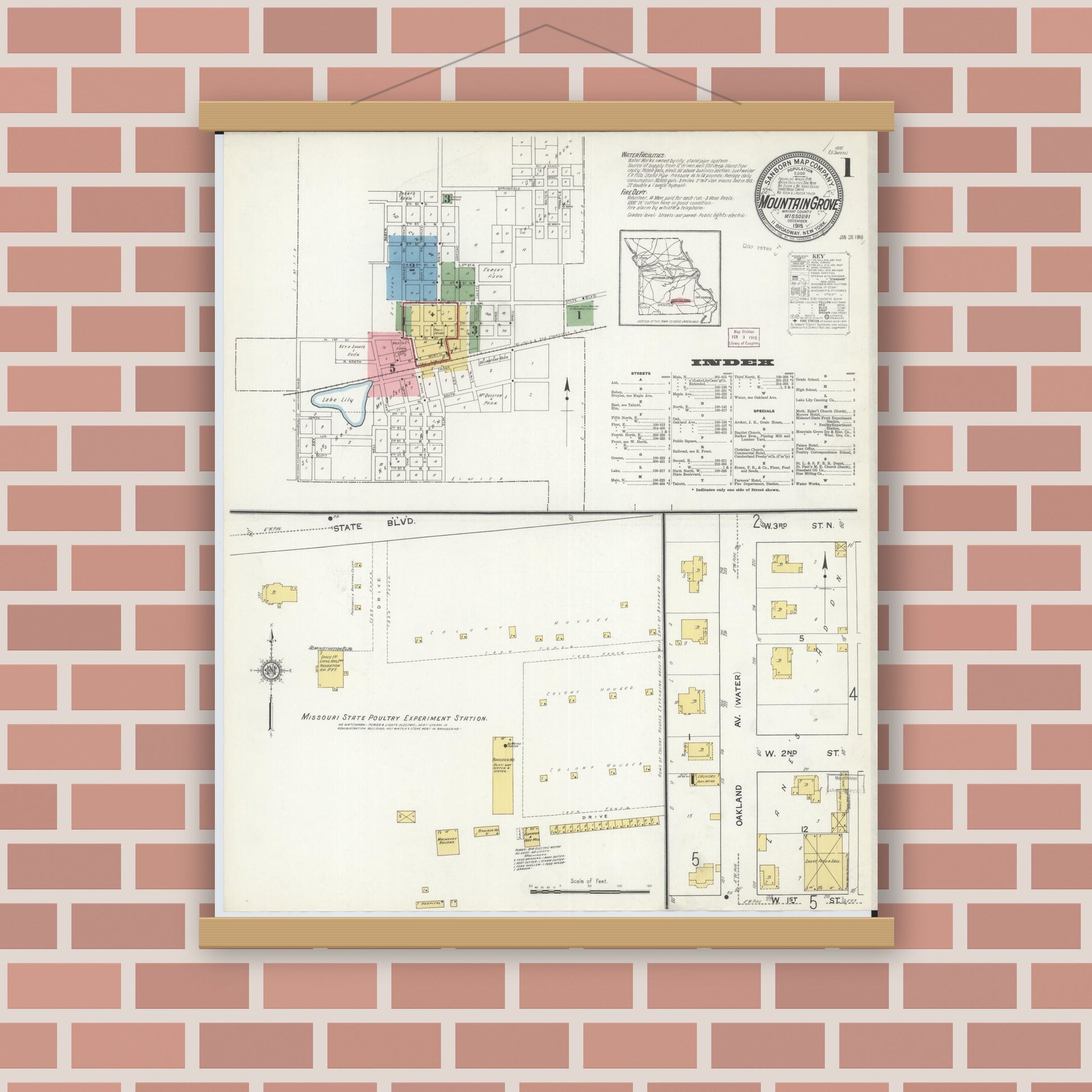 Old map wall art mockup — magnetic wood frame on brick wall — Sanborn Fire Insurance Map from Mountain Grove, Wright County, Missouri (1915) - Complete Map Set