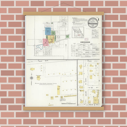 Old map wall art mockup — magnetic wood frame on brick wall — Sanborn Fire Insurance Map from Mountain Grove, Wright County, Missouri (1915) - Complete Map Set