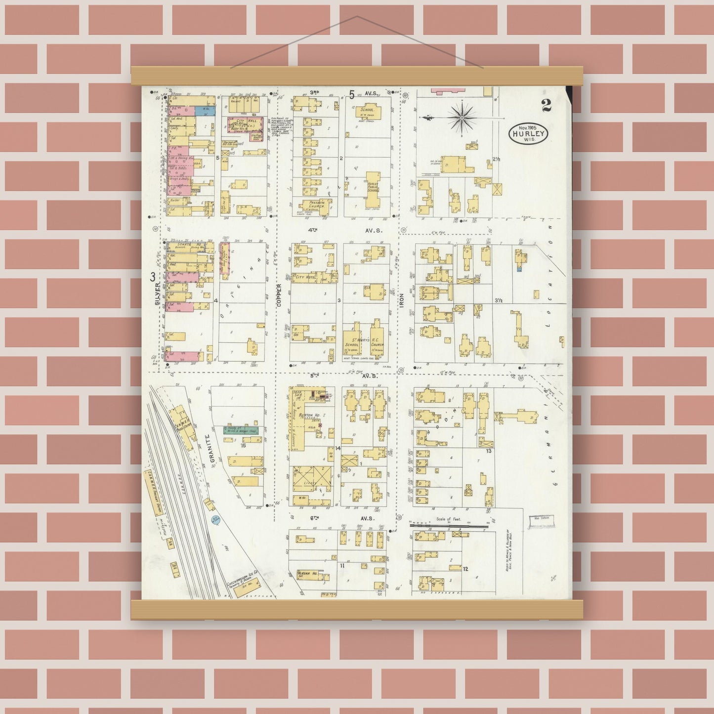 Old map wall art mockup — magnetic wood frame on brick wall — Sanborn Fire Insurance Map from Hurley, Iron County, Wisconsin (1905), Sheet #0002