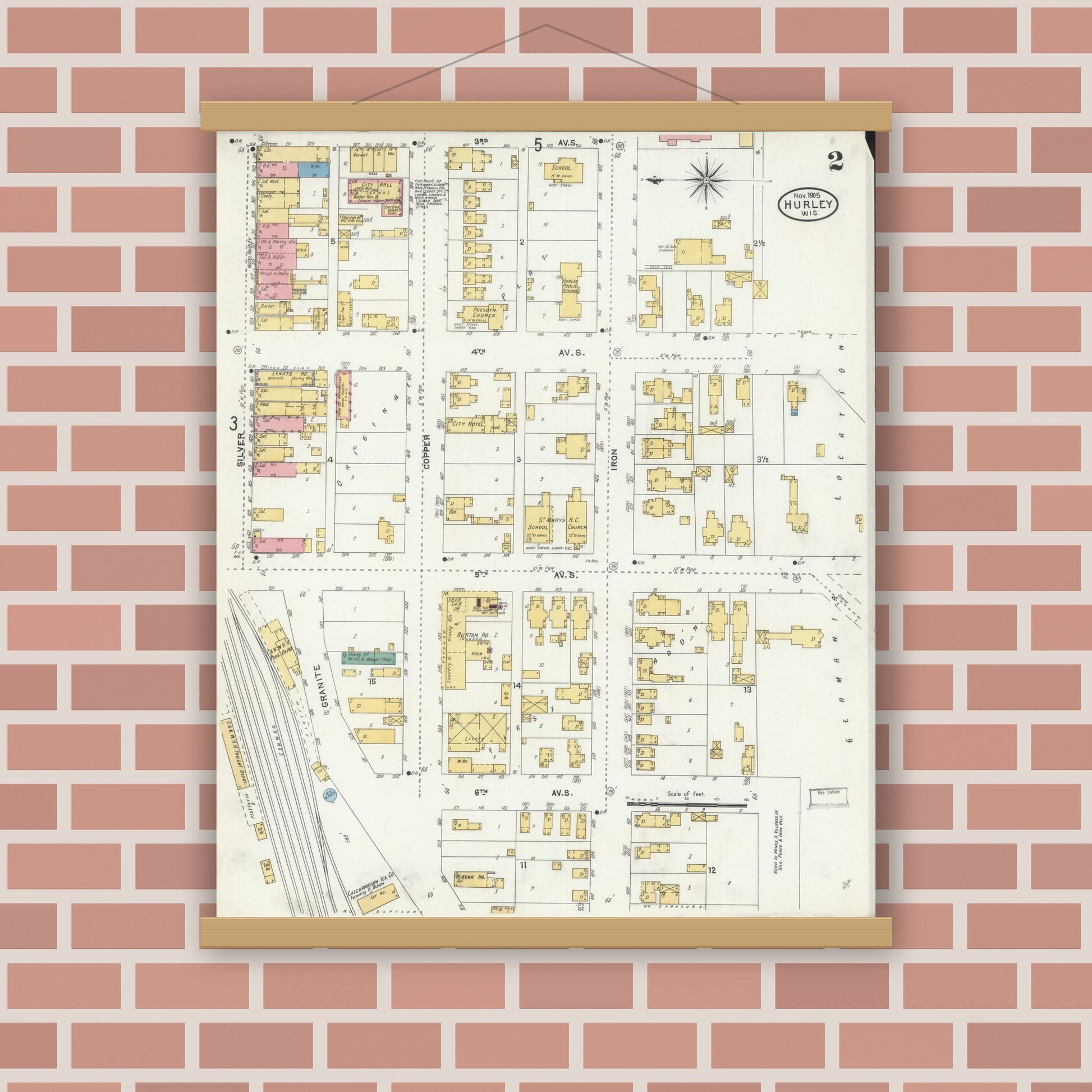 Old map wall art mockup — magnetic wood frame on brick wall — Sanborn Fire Insurance Map from Hurley, Iron County, Wisconsin (1905), Sheet #0002