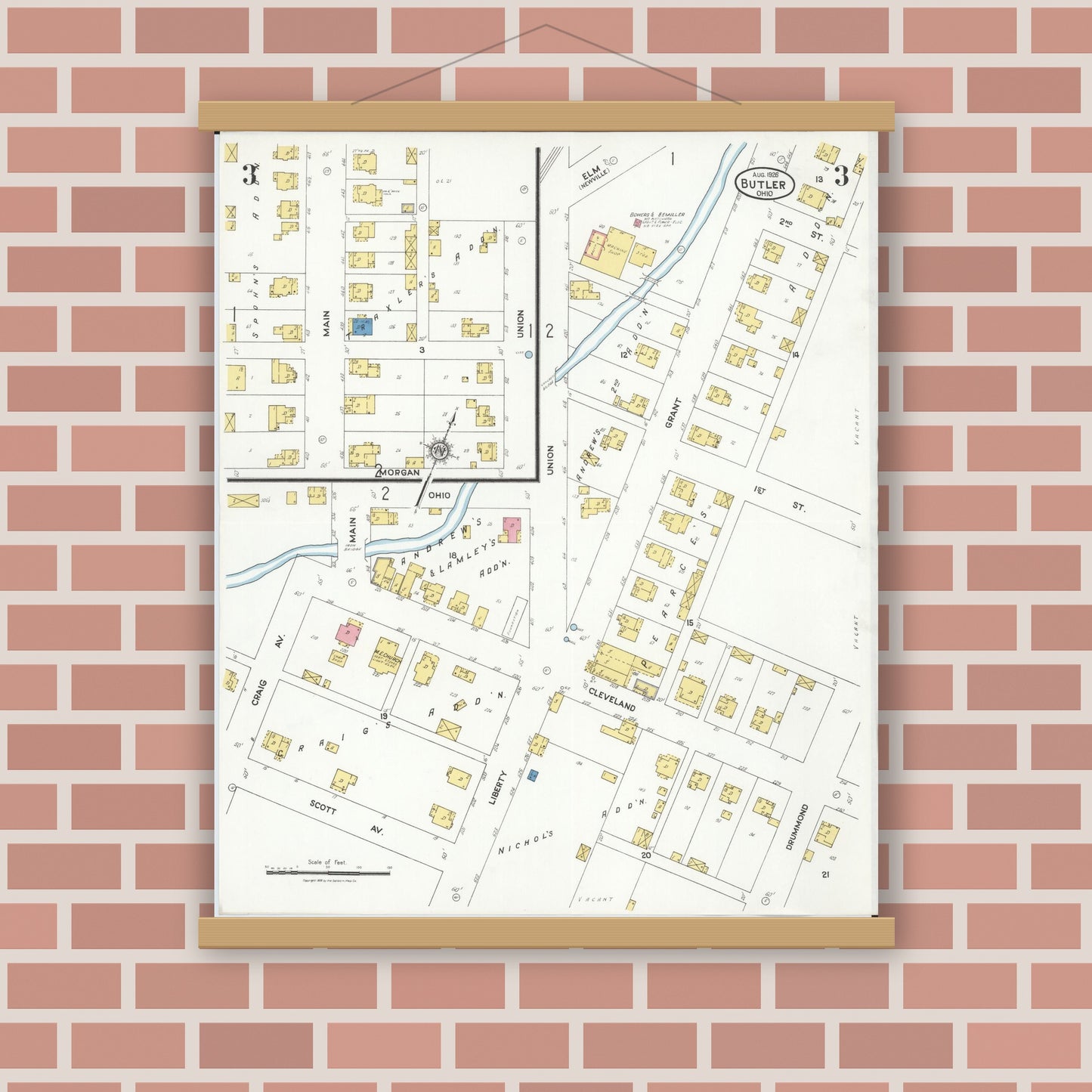Old map wall art mockup — magnetic wood frame on brick wall — Sanborn Fire Insurance Map from Butler, Richland County, Ohio (1926), Sheet #0003