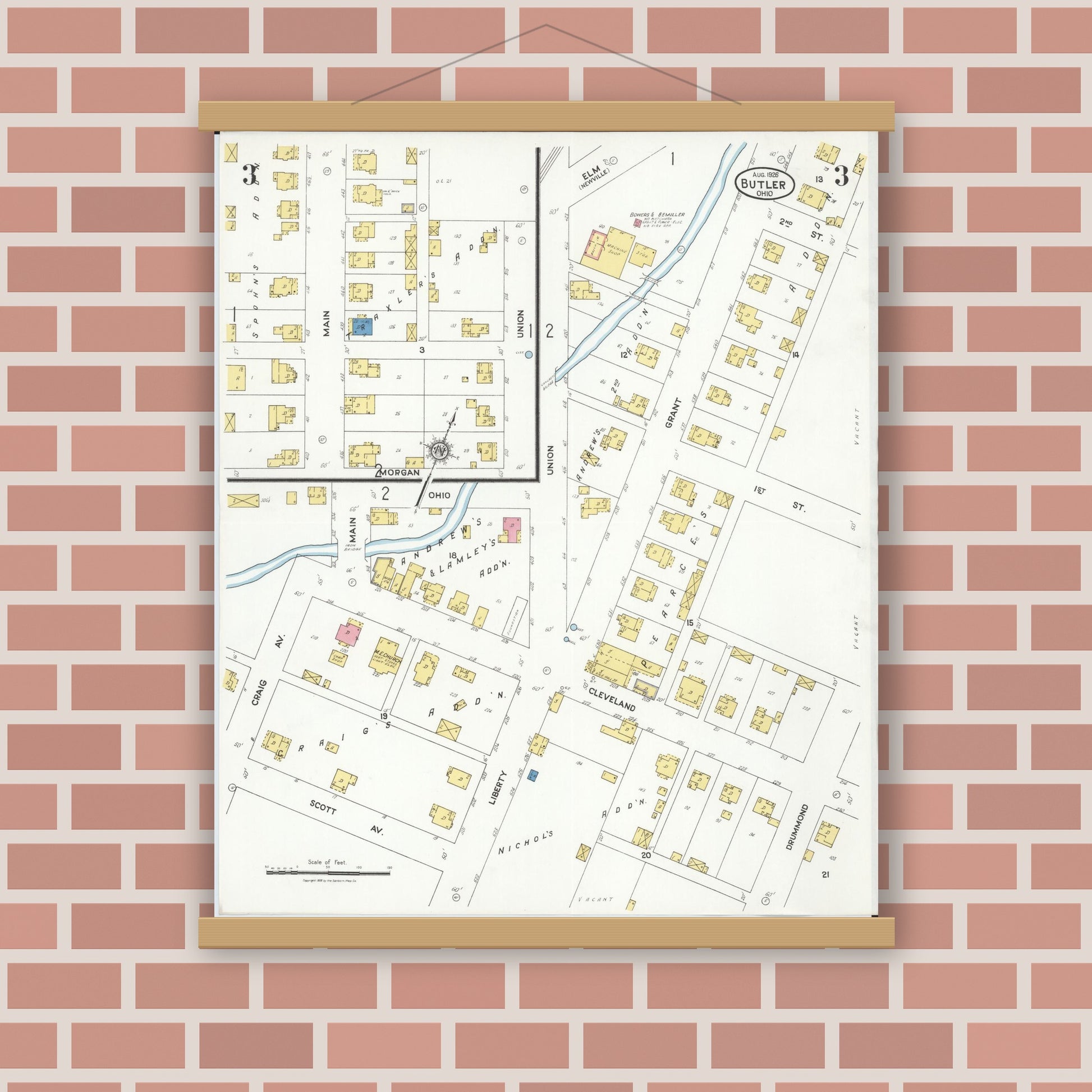 Old map wall art mockup — magnetic wood frame on brick wall — Sanborn Fire Insurance Map from Butler, Richland County, Ohio (1926), Sheet #0003