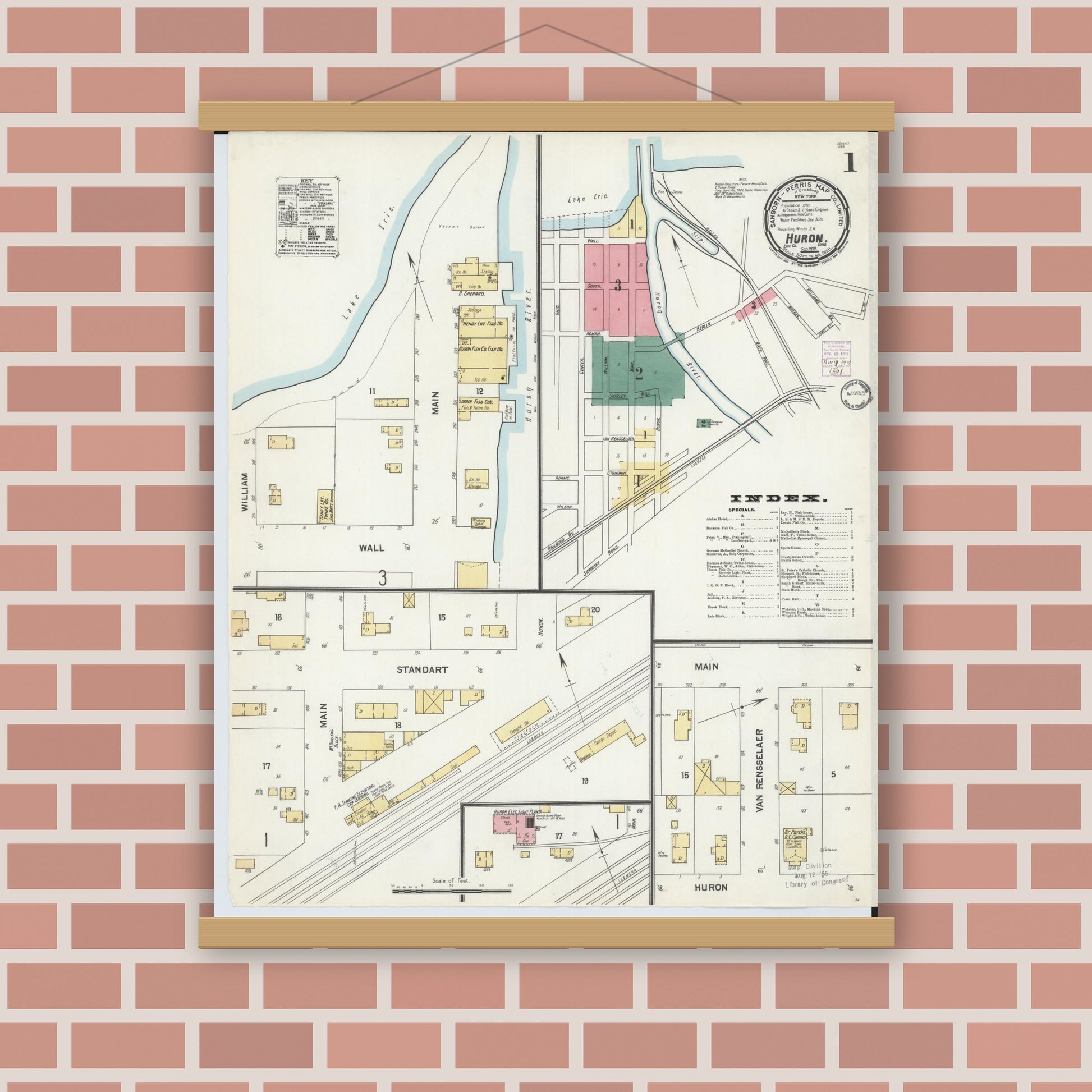 Old map wall art mockup — magnetic wood frame on brick wall — Sanborn Fire Insurance Map from Huron, Erie County, Ohio (1901) - Complete Map Set