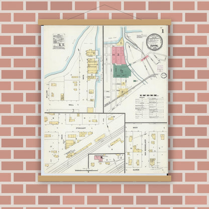 Old map wall art mockup — magnetic wood frame on brick wall — Sanborn Fire Insurance Map from Huron, Erie County, Ohio (1901) - Complete Map Set