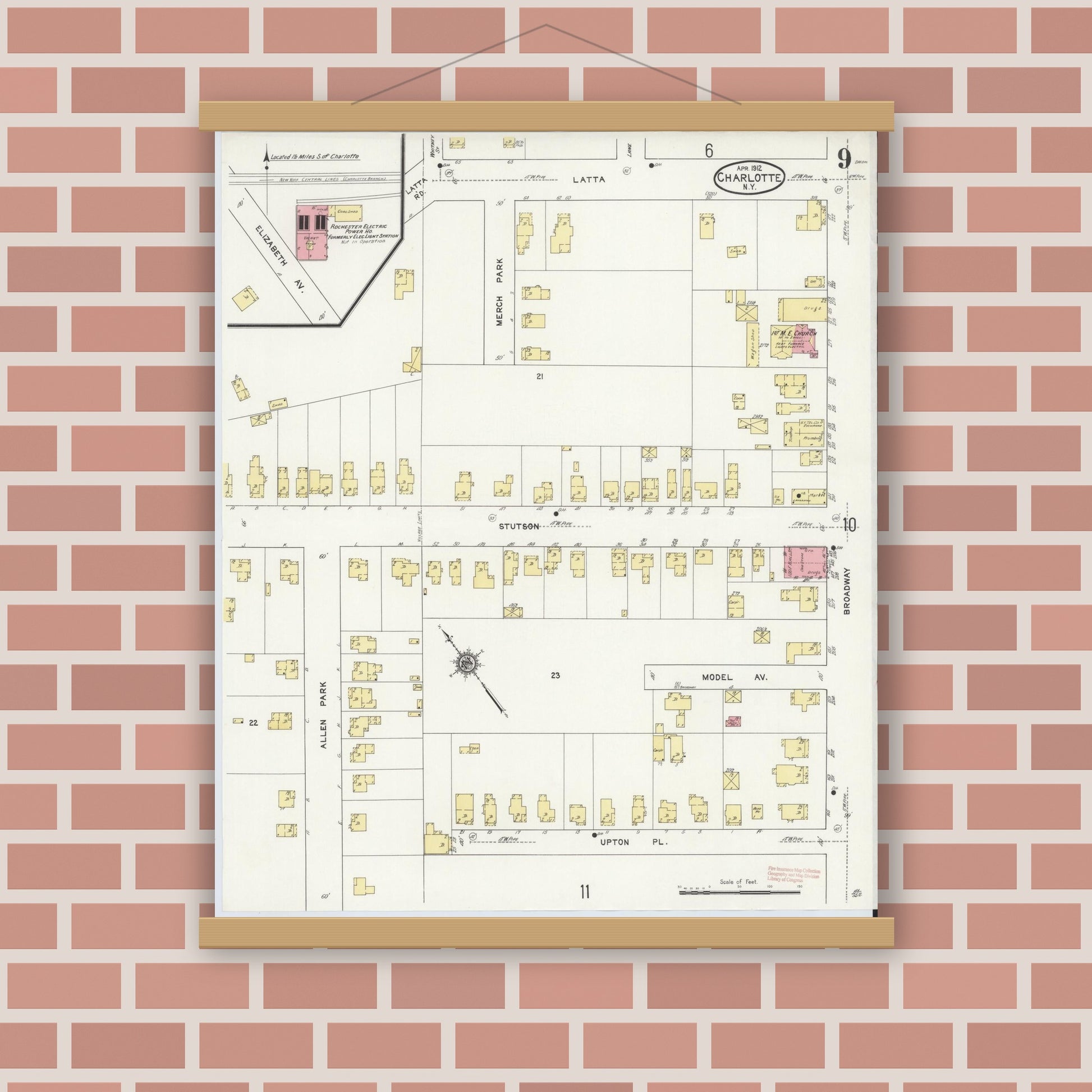Old map wall art mockup — magnetic wood frame on brick wall — Sanborn Fire Insurance Map from Charlotte, Monroe County, New York (1912), Sheet #0009