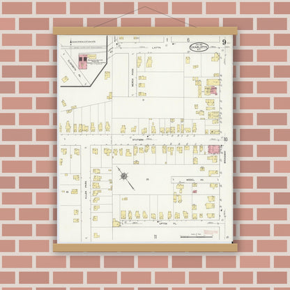 Old map wall art mockup — magnetic wood frame on brick wall — Sanborn Fire Insurance Map from Charlotte, Monroe County, New York (1912), Sheet #0009