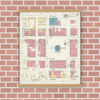 Old map wall art mockup — magnetic wood frame on brick wall — Sanborn Fire Insurance Map from Denton, Denton County, Texas (1921), Sheet #0002