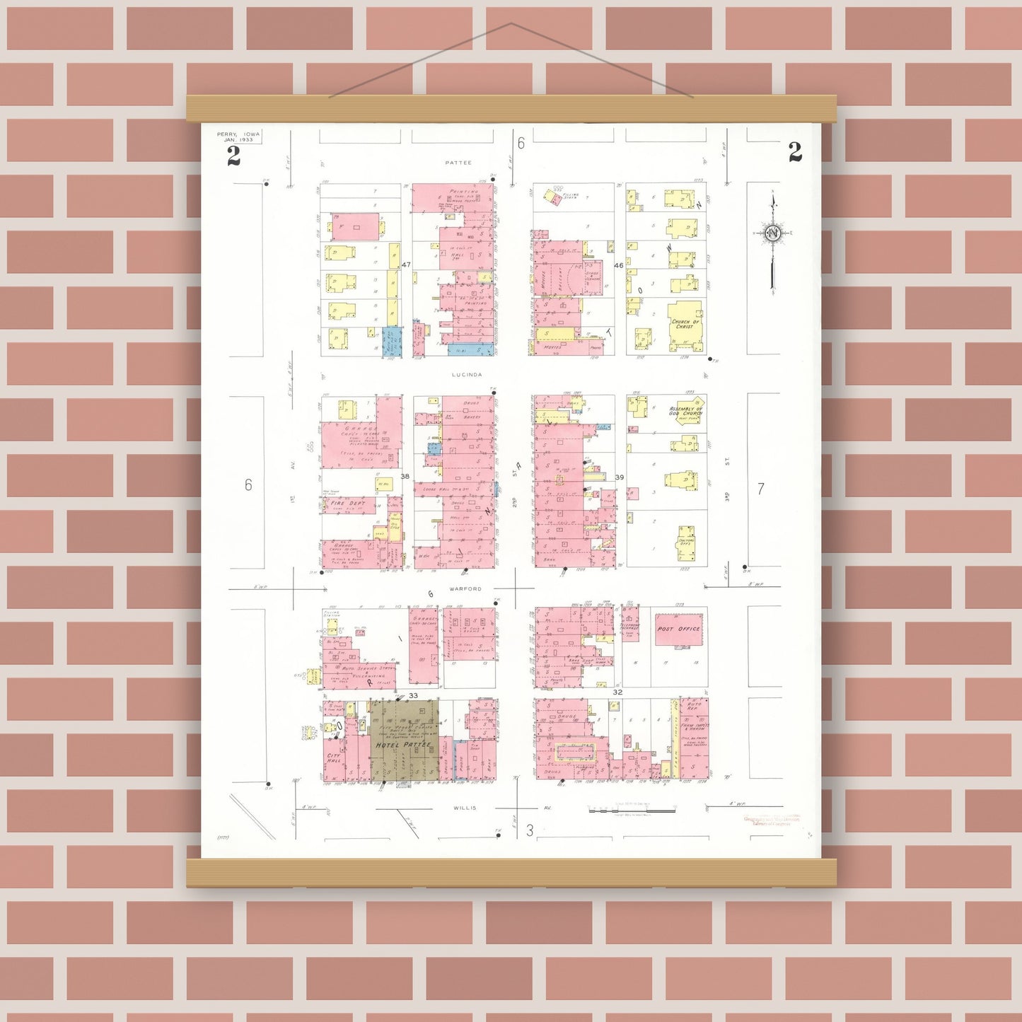 Old map wall art mockup — magnetic wood frame on brick wall — Sanborn Fire Insurance Map from Perry, Dallas County, Iowa (1933), Sheet #0002