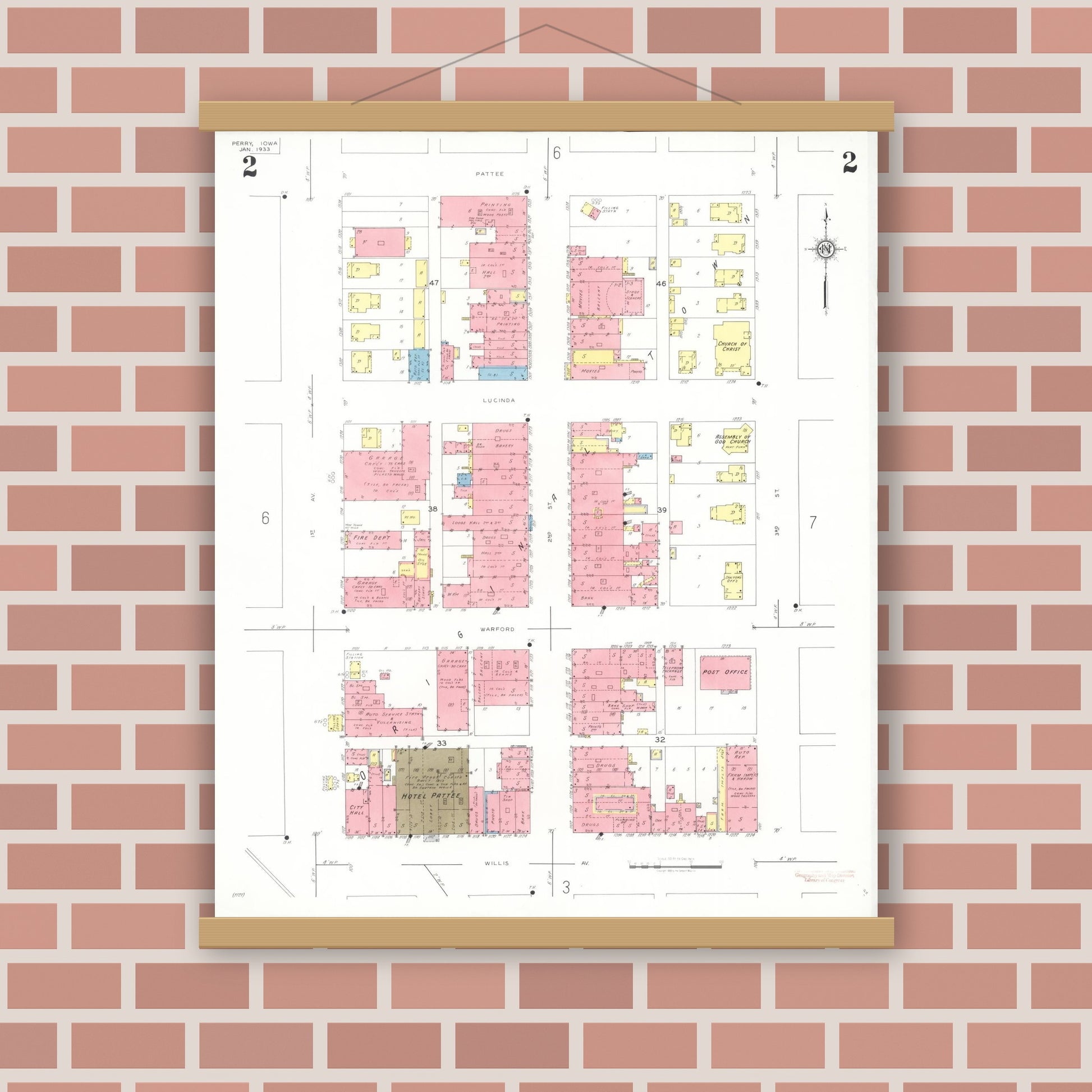 Old map wall art mockup — magnetic wood frame on brick wall — Sanborn Fire Insurance Map from Perry, Dallas County, Iowa (1933), Sheet #0002