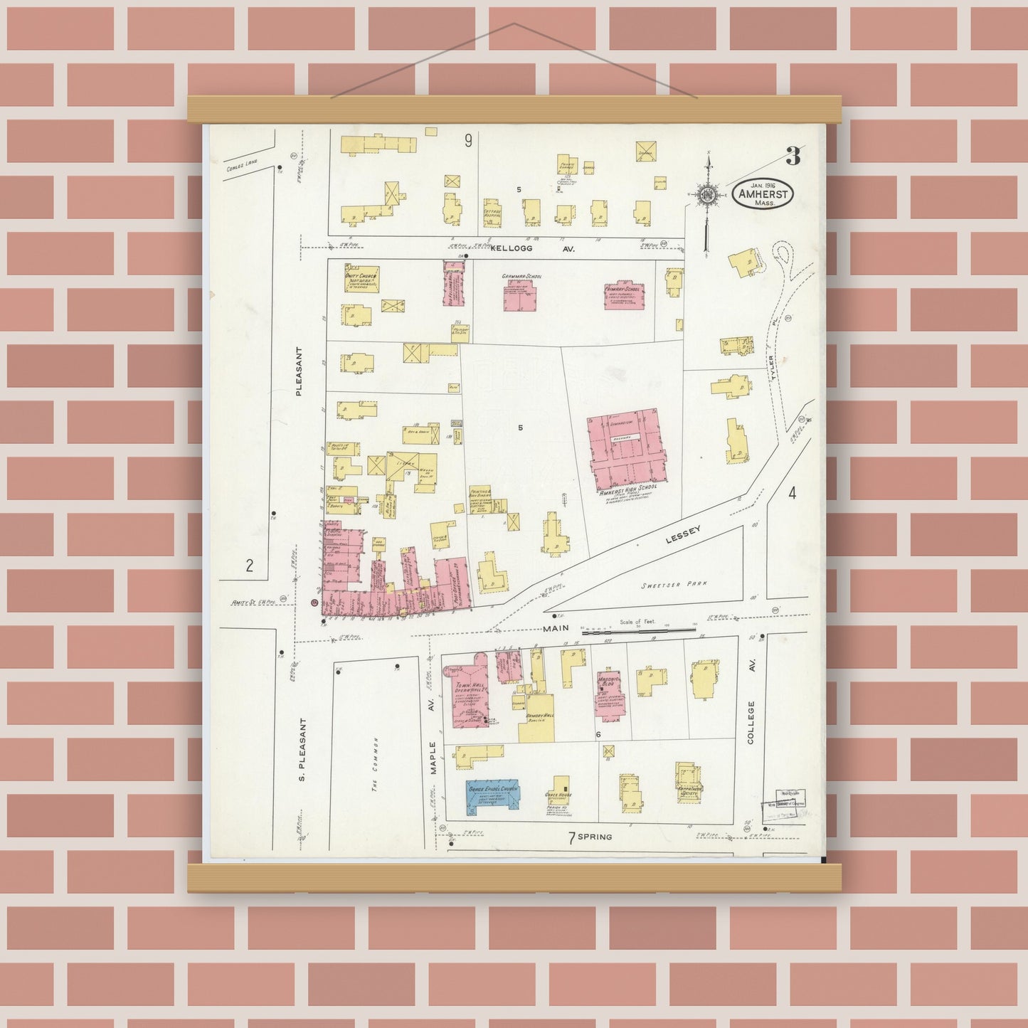 Old map wall art mockup — magnetic wood frame on brick wall — Sanborn Fire Insurance Map from Amherst, Hampshire County, Massachusetts (1916), Sheet #0003