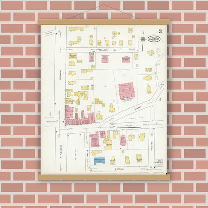 Old map wall art mockup — magnetic wood frame on brick wall — Sanborn Fire Insurance Map from Amherst, Hampshire County, Massachusetts (1916), Sheet #0003