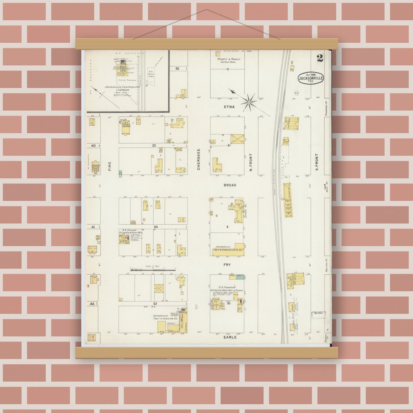 Old map wall art mockup — magnetic wood frame on brick wall — Sanborn Fire Insurance Map from Jacksonville, Cherokee County, Texas (1896), Sheet #0002