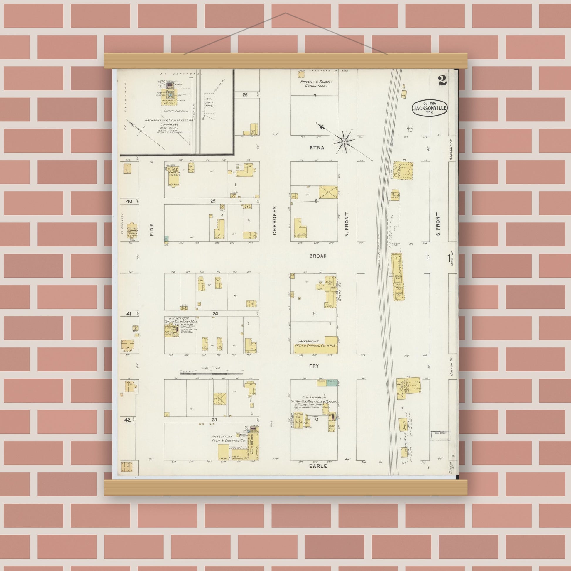Old map wall art mockup — magnetic wood frame on brick wall — Sanborn Fire Insurance Map from Jacksonville, Cherokee County, Texas (1896), Sheet #0002