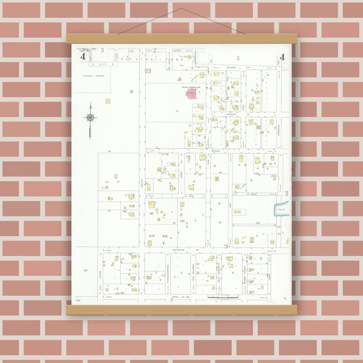 Old map wall art mockup — magnetic wood frame on brick wall — Sanborn Fire Insurance Map from Rockwall, Rockwall County, Texas (1934), Sheet #0004